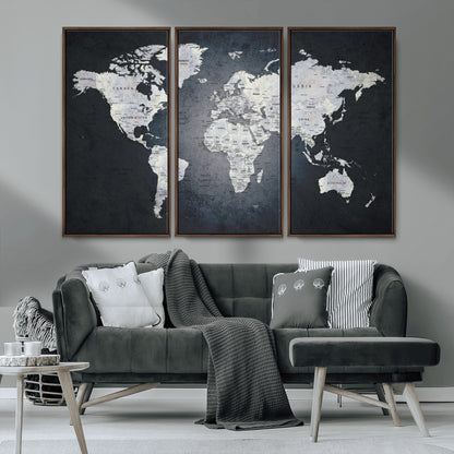 19124-MGV-CV-36X24-Modern World Map Wall Art – Black and White Canvas Print, Minimalist Global Map Decor for Office, Study, Bedroom or Living Room