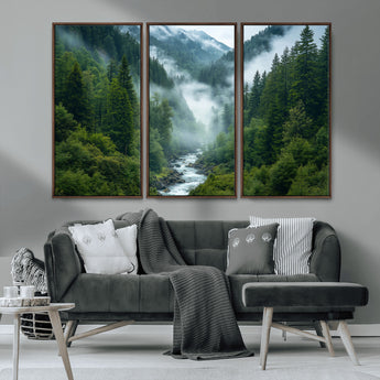 69453-MGV-CV-36X24-Mountain Forest Wall Art – Misty River and Evergreen Landscape Canvas Print, Nature Photography Poster for Living Room, Bedroom,