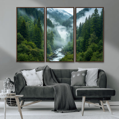 69453-MGV-CV-36X24-Mountain Forest Wall Art – Misty River and Evergreen Landscape Canvas Print, Nature Photography Poster for Living Room, Bedroom,