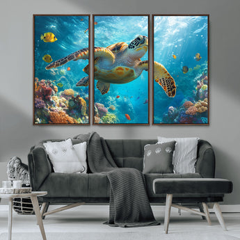 37623-MGV-CV-36X24-Sea Turtle Wall Art – Underwater Ocean Canvas Print with Coral Reef and Tropical Fish, Marine Life Painting Poster for Living