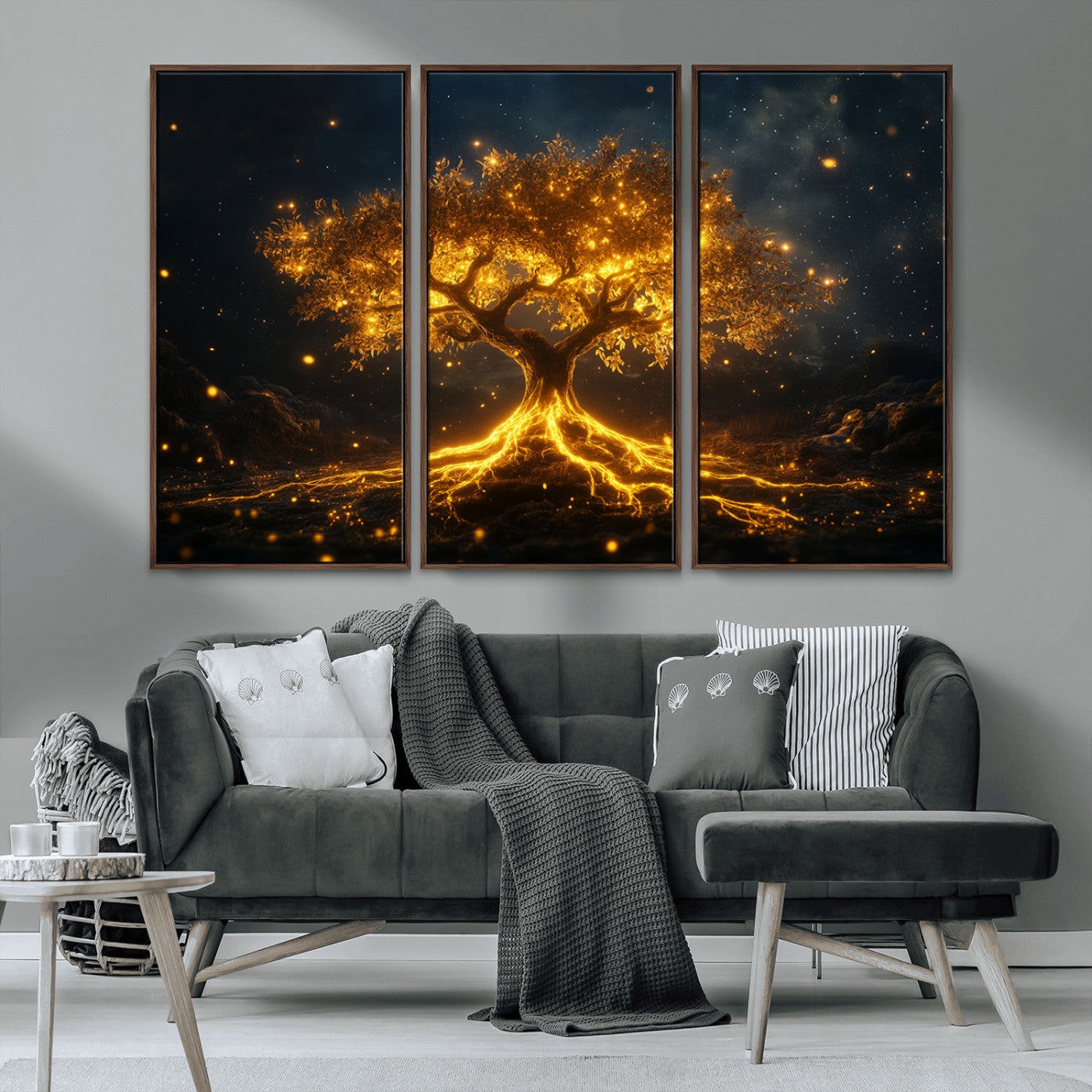 60194-MGV-CV-36X24-Glowing Tree Wall Art – Golden Roots Fantasy Canvas Print, Mystical Illuminated Tree Painting Poster for Living Room, Bedroom,