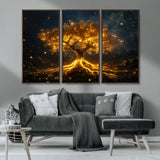 60194-MGV-CV-36X24-Glowing Tree Wall Art – Golden Roots Fantasy Canvas Print, Mystical Illuminated Tree Painting Poster for Living Room, Bedroom,