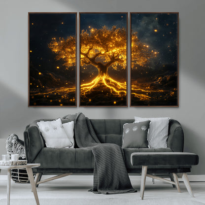 60194-MGV-CV-36X24-Glowing Tree Wall Art – Golden Roots Fantasy Canvas Print, Mystical Illuminated Tree Painting Poster for Living Room, Bedroom,