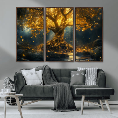 92739-MGV-CV-36X24-Glowing Tree Wall Art – Enchanted Golden Forest Canvas Print, Mystical Illuminated Nature Painting Poster for Living Room,
