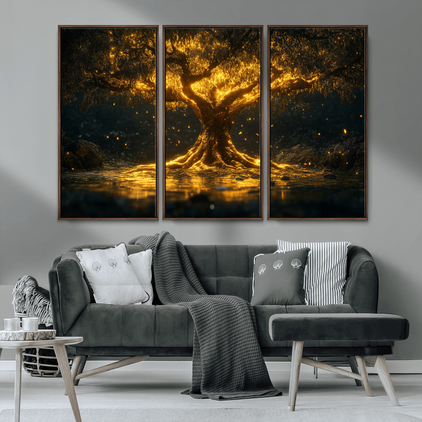 59580-MGV-CV-36X24-Glowing Tree Wall Art – Golden Fantasy Nature Canvas Print, Mystical Illuminated Tree Painting Poster for Living Room, Bedroom,