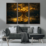 59580-MGV-CV-36X24-Glowing Tree Wall Art – Golden Fantasy Nature Canvas Print, Mystical Illuminated Tree Painting Poster for Living Room, Bedroom,