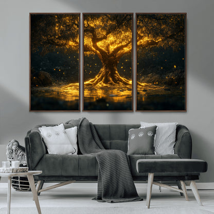 59580-MGV-CV-36X24-Glowing Tree Wall Art – Golden Fantasy Nature Canvas Print, Mystical Illuminated Tree Painting Poster for Living Room, Bedroom,