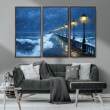 32668-MGV-CV-36X24-Stormy Pier Wall Art – Ocean Waves and Street Lamps Canvas Print, Rainy Night Seascape Oil Painting Poster for Living Room,