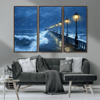 32668-MGV-CV-36X24-Stormy Pier Wall Art – Ocean Waves and Street Lamps Canvas Print, Rainy Night Seascape Oil Painting Poster for Living Room,