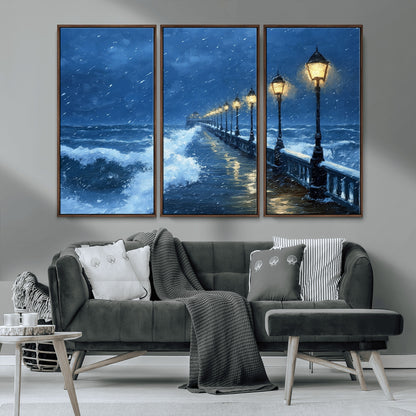 32668-MGV-CV-36X24-Stormy Pier Wall Art – Ocean Waves and Street Lamps Canvas Print, Rainy Night Seascape Oil Painting Poster for Living Room,