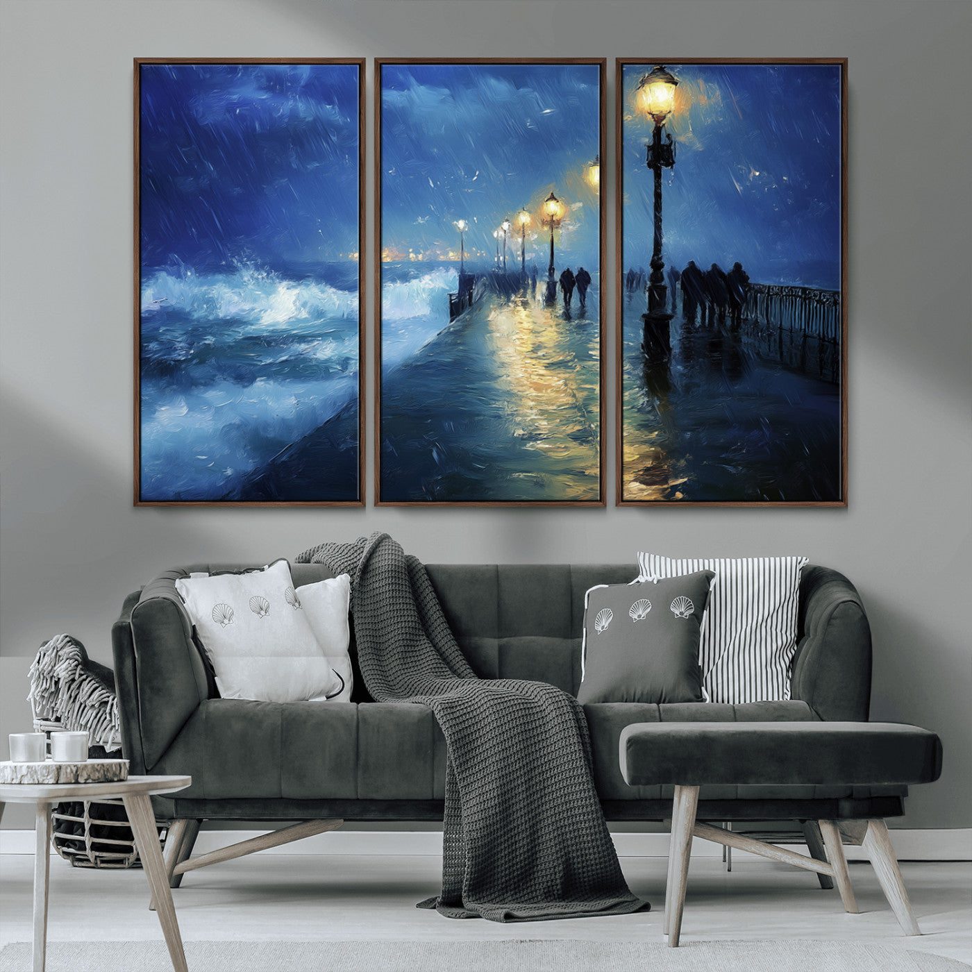 76572-MGV-FC-48X32-3P_Walnut-Stormy Night Pier Wall Art – Ocean Waves and Street Lamps Canvas Print, Rainy Seascape Oil Painting Poster for Living Room,