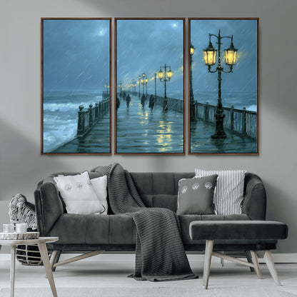 79606-MGV-CV-36X24-Rainy Pier Night Wall Art – Ocean Waves and Street Lamps Canvas Print, Moody Seascape Oil Painting Poster for Living Room,