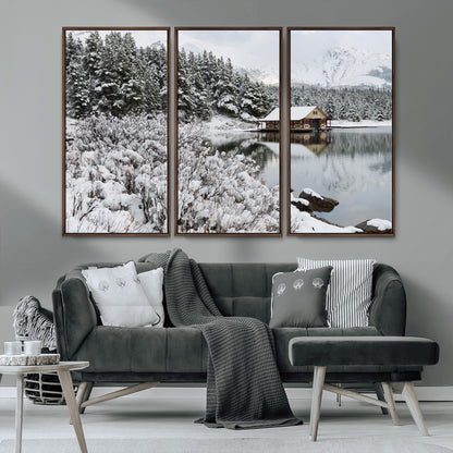 94285-MGV-CV-36X24-Snowy Cabin Wall Art Canvas Print, Framed Winter Cabin Art Picture Print, Mountain Lake Perfect Snowy Nature Decor Artwork