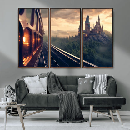 84029-MGV-CV-36X24-Fantasy Castle Wall Art – Magical Train Sunset Forest Canvas Print, Enchanted Landscape Painting Poster for Living Room, Bedroom,