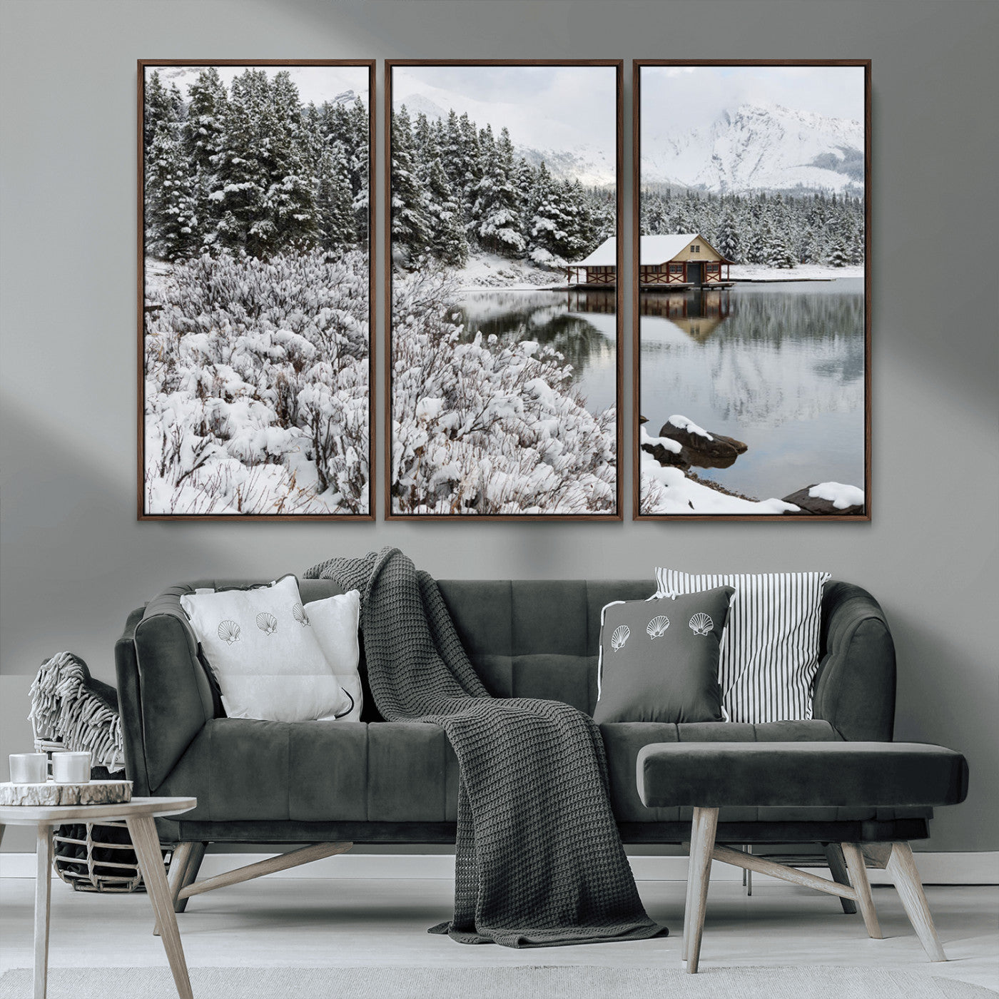 29975-MGV-CV-36X24-Winter Cabin by the Lake Wall Art – Snowy Mountain Landscape Canvas Print, Rustic Lodge Cabin Decor for Cozy Living Room, Bedroom