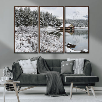 29975-MGV-CV-36X24-Winter Cabin by the Lake Wall Art – Snowy Mountain Landscape Canvas Print, Rustic Lodge Cabin Decor for Cozy Living Room, Bedroom