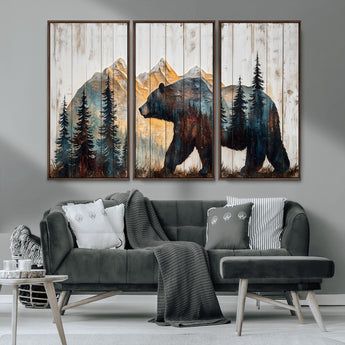 90077-MGV-CV-36X24-Wood Grizzly Bear Wall Art Canvas Print, Framed Abstract Bear Art Picture Print, Bear in Forest Perfect Rustic Lodge Decor Artwork