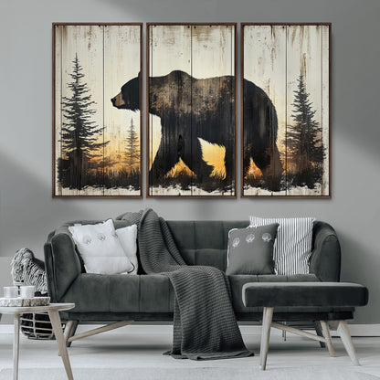 83875-MGV-CV-36X24-Sunset Bear Wall Art – Rustic Wildlife Canvas Print with Forest Silhouette, Cabin Lodge Decor for Living Room or Office