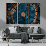 65231-MGV-CV-36X24-Blue and Gold Tree Ring Wall Art – Rustic Abstract Wood Slice Canvas Print, Modern Nature Inspired Artwork for Living Room,