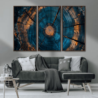 65231-MGV-CV-36X24-Blue and Gold Tree Ring Wall Art – Rustic Abstract Wood Slice Canvas Print, Modern Nature Inspired Artwork for Living Room,