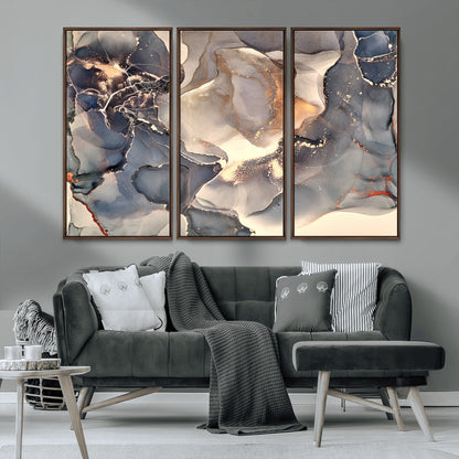18202-MGV-FC-48X32-3P_Walnut-Abstract Neutral Wall Art – Blue, Beige and Gold Fluid Ink Canvas Print, Modern Minimalist Painting for Living Room, Office