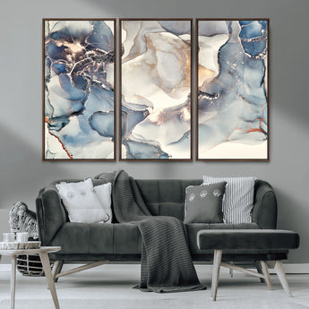 51497-MGV-CV-36X24-Abstract Blue and Gold Wall Art – Modern Fluid Ink Style Canvas Print, Elegant Contemporary Decor for Living Room, Office