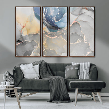 18176-MGV-FC-48X32-3P_Walnut-Abstract Fluid Wall Art – Modern Marble Ink Canvas Print with Blue, Gold, and Gray Tones, Contemporary Minimal Artwork Decor for