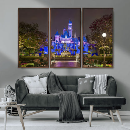 63560-MGV-CV-36X24-Fairy Tale Castle Wall Art – Magical Night Scene Canvas Print with Lights and Gardens, Fantasy Architecture Artwork for Living