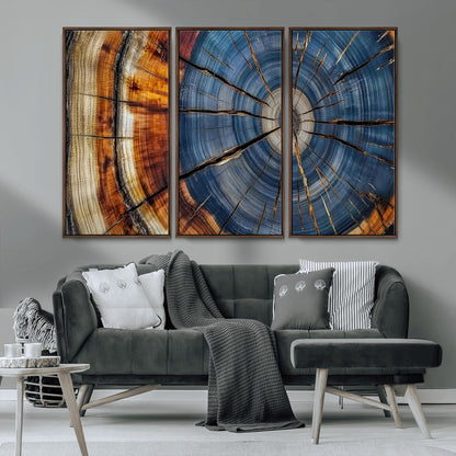 10583-MGV-CV-36X24-Tree Ring Wall Art – Abstract Wood Grain Canvas Print with Blue and Brown Tones, Nature Inspired Rustic Artwork for Living Room,