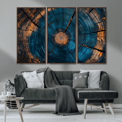 13398-MGV-CV-36X24-Tree Ring Wall Art – Abstract Wood Grain Canvas Print with Blue and Orange Accents, Rustic Nature Inspired Artwork for Living