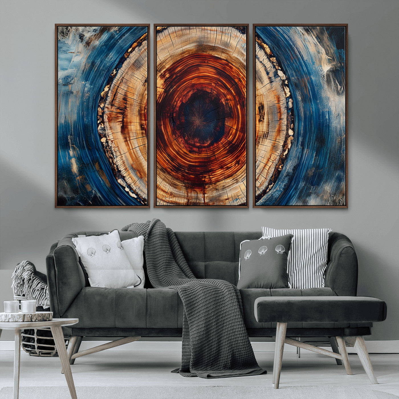 90395-MGV-CV-36X24-Tree Ring Wall Art – Abstract Wood Grain Canvas Print with Fiery Red and Blue Tones, Bold Rustic Nature Inspired Artwork Decor for