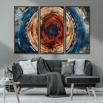 90395-MGV-CV-36X24-Tree Ring Wall Art – Abstract Wood Grain Canvas Print with Fiery Red and Blue Tones, Bold Rustic Nature Inspired Artwork Decor for