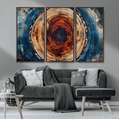 90395-MGV-CV-36X24-Tree Ring Wall Art – Abstract Wood Grain Canvas Print with Fiery Red and Blue Tones, Bold Rustic Nature Inspired Artwork Decor for