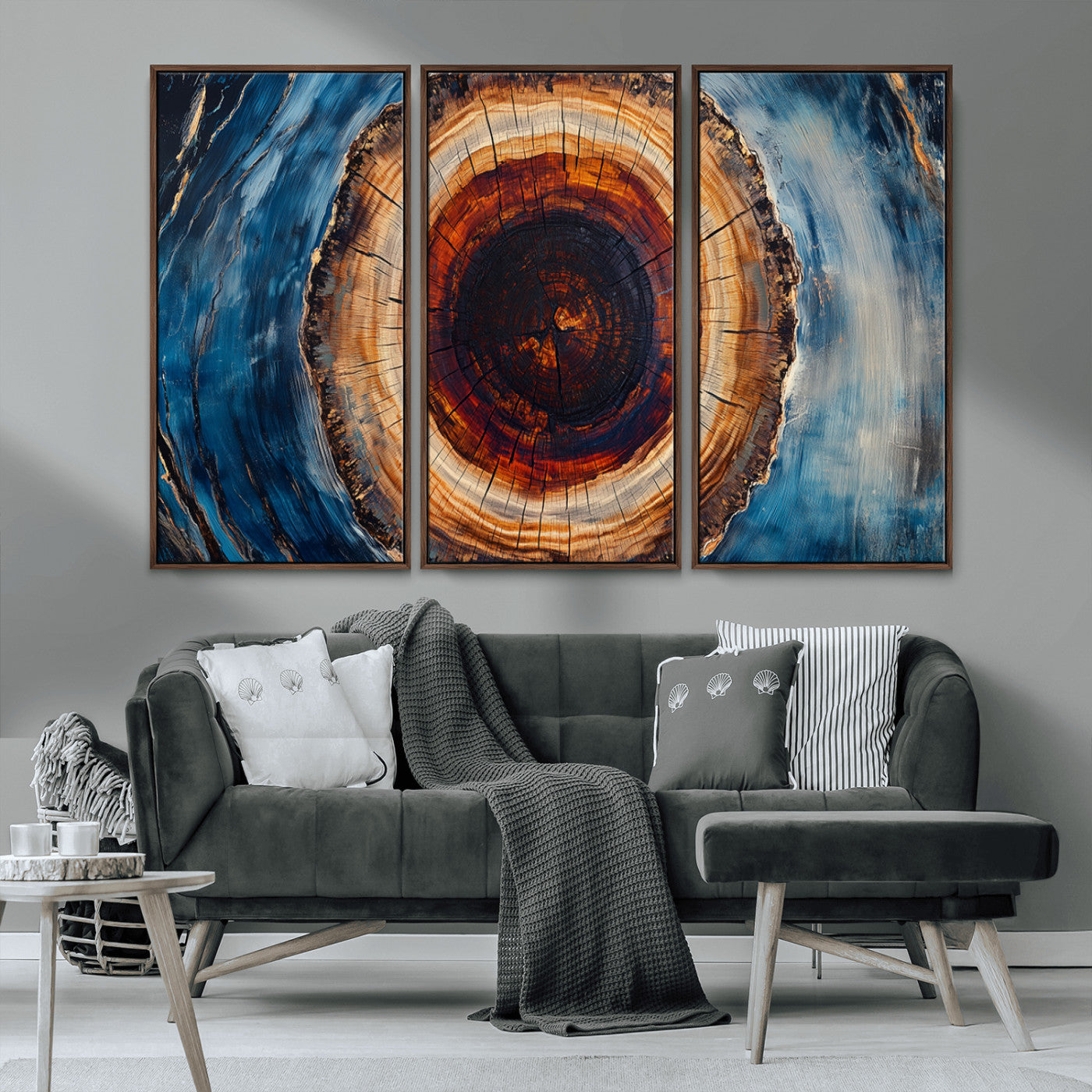 30457-MGV-FC-48X32-3P_Walnut-Tree Ring Wall Art – Abstract Wood Grain Canvas Print with Brown and Blue Swirl, Rustic Nature Inspired Artwork for Living Room,