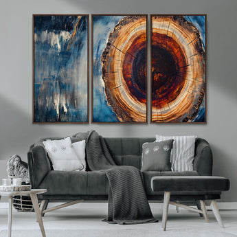 48045-MGV-CV-36X24-Tree Ring Abstract Wall Art – Rustic Wood Grain Canvas Print with Brown Center and Blue Brush Strokes, Nature Inspired Artwork for