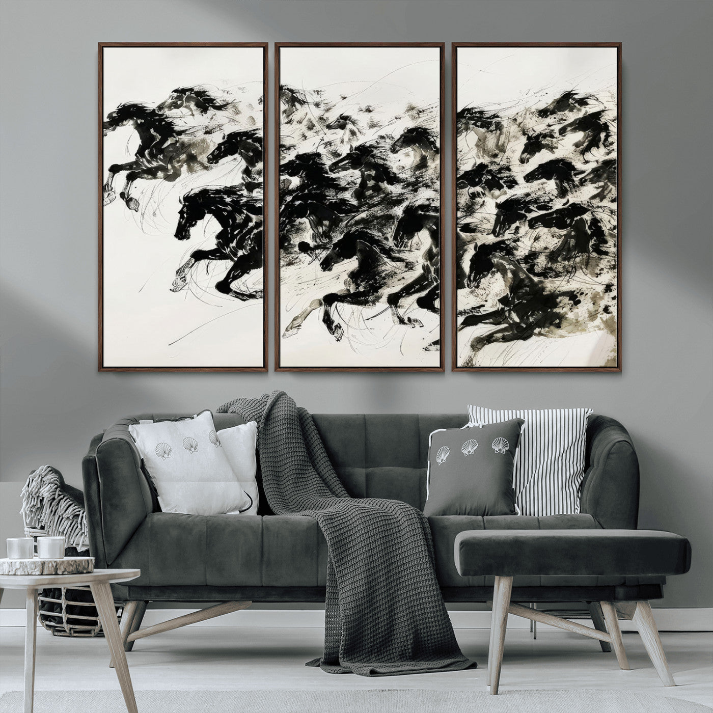23069-MGV-CV-36X24-Galloping Horses Wall Art – Black Ink Painting on Canvas, Dynamic Equestrian Artwork with Running Stallions, Expressive Modern
