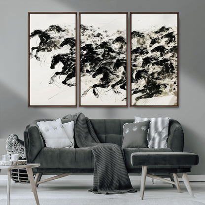 23069-MGV-CV-36X24-Galloping Horses Wall Art – Black Ink Painting on Canvas, Dynamic Equestrian Artwork with Running Stallions, Expressive Modern
