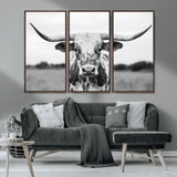 20272-MGV-CV-36X24-Texas Longhorn Wall Art – Black and White Cowboy Western Canvas Print, Rustic Farmhouse Cattle Photography Decor for Ranch, Barn