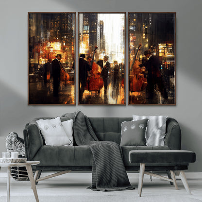 58782-MGV-CV-36X24-Jazz Musicians Cityscape Wall Art – Vibrant Urban Night Canvas Print, Elegant Music Themed Decor for Living Room, Office, or Music