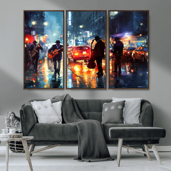 94605-MGV-CV-36X24-City Jazz Night Wall Art – Vibrant Music Canvas Print Featuring Saxophone, Guitar and Bass Players, Urban Street Scene Artwork for