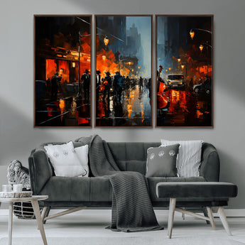 46538-MGV-CV-36X24-Urban Jazz Night Wall Art – Dramatic Music Canvas Print with Double Bass and Street Musicians, Modern City Scene Artwork for