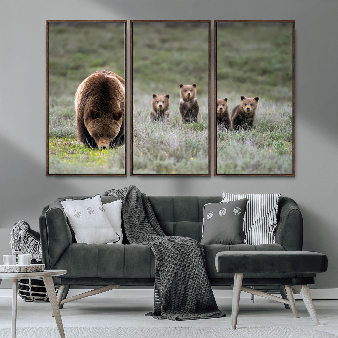 65087B-MGV-CV-36X24-Bear Family Wall Art – Wildlife Canvas Print Featuring Mother Bear with Cubs in Nature, Rustic Animal Artwork for Living Room,