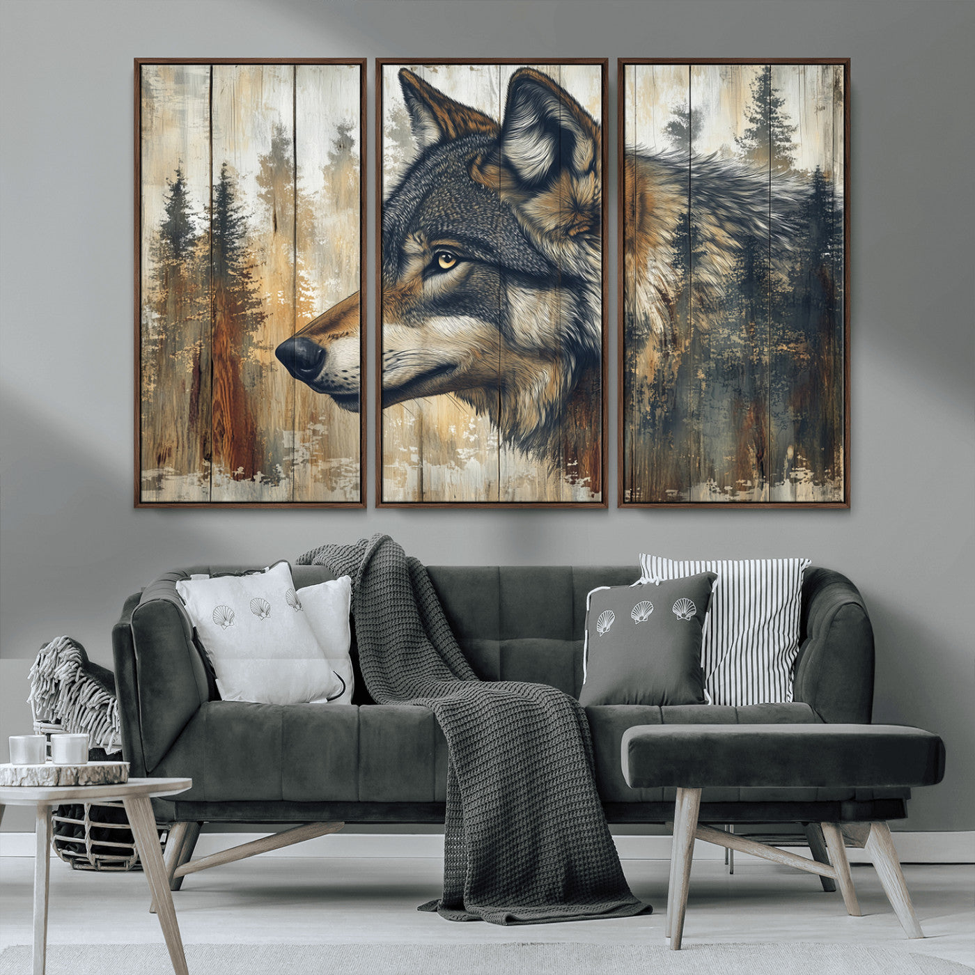 91882-MGV-CV-36X24-Wolf Wall Art – Rustic Canvas Print of Forest Wolf on Wood Background, Wildlife Lodge Artwork for Living Room, Bedroom, Cabin, or