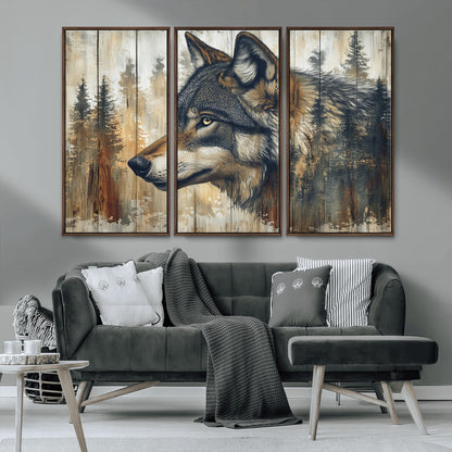 91882-MGV-CV-36X24-Wolf Wall Art – Rustic Canvas Print of Forest Wolf on Wood Background, Wildlife Lodge Artwork for Living Room, Bedroom, Cabin, or