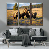 43400-MGV-CV-36X24-Bear Family Wall Art – Wildlife Canvas Print of Mother Bear with Cubs in Sunlit Meadow, Rustic Animal Artwork for Living Room,