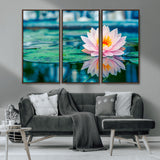 30320-MGV-CV-36X24-Pink Water Lily Wall Art – Lotus Flower Canvas Print with Reflection Water, Peaceful Botanical Artwork for Living Room, Bedroom,