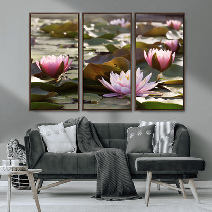 28394-MGV-CV-36X24-Water Lily Pond Wall Art – Pink Lotus Flowers Canvas Print with Green Lily Pads, Peaceful Botanical Artwork for Living Room,