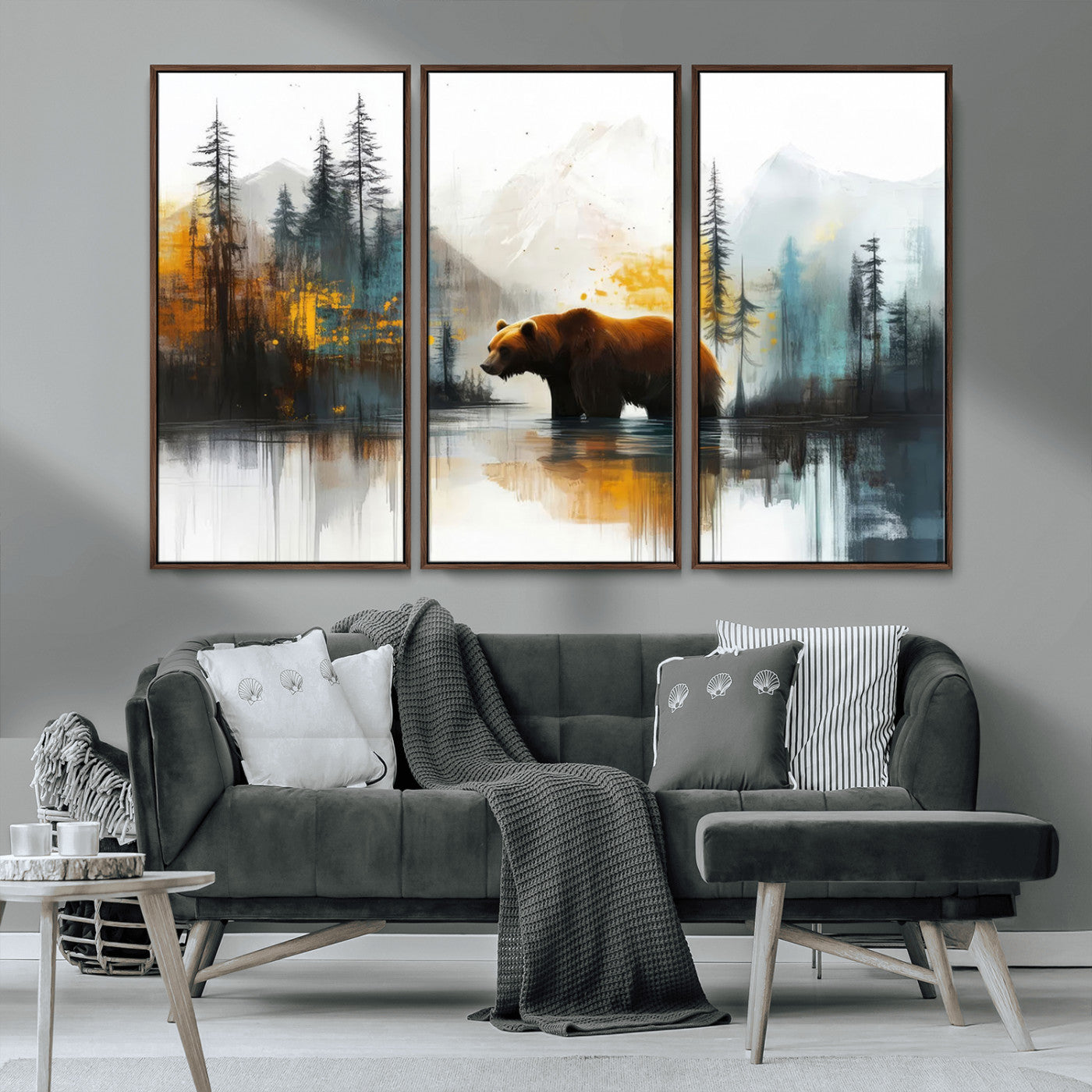 50308-MGV-CV-36X24-Abstract Rustic Bear Wall Art – Forest and Mountain Scene Canvas Print, Nature Artwork for Modern Farmhouse or Log Cabin Decor