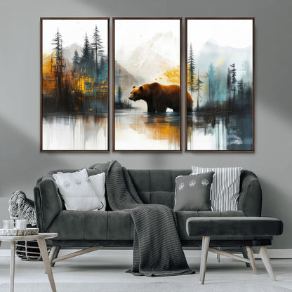 50308-MGV-CV-36X24-Abstract Rustic Bear Wall Art – Forest and Mountain Scene Canvas Print, Nature Artwork for Modern Farmhouse or Log Cabin Decor