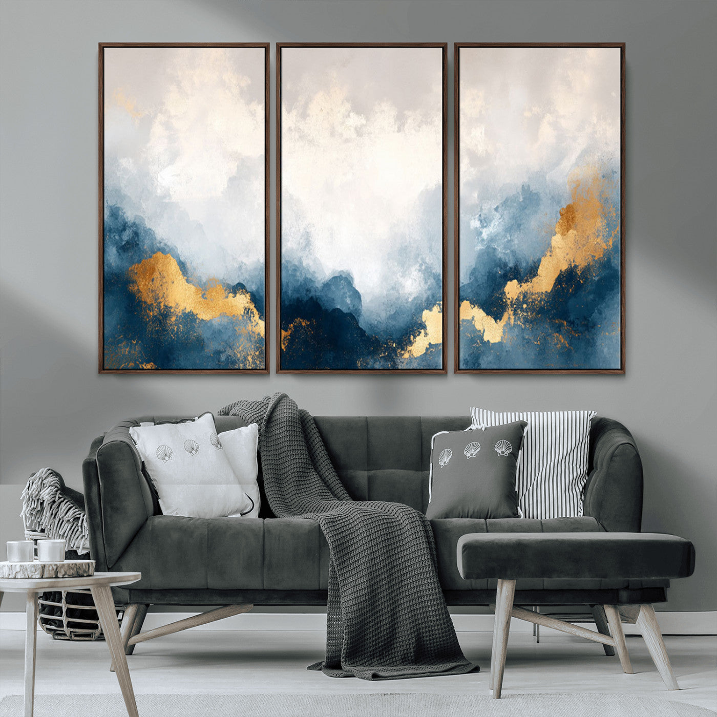 14578-MGV-CV-36X24-Abstract Wall Art – Modern Canvas Print Featuring Blue and White Clouds with Golden Accents, Contemporary Elegant Artwork for